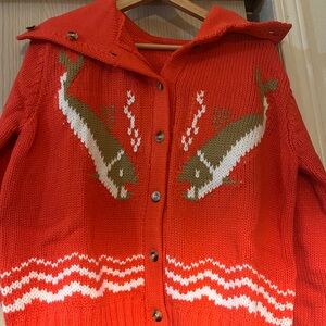 Red Fish Pattern Womens vintage style button up Sweater like Mary Maxim Cowichan